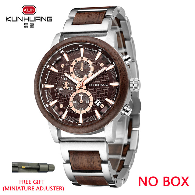 Kunhuang Luxury Wood Stainless Steel Men Watch Fashion Wooden Watches Chronograph Quartz Watches relogio masculino gift man