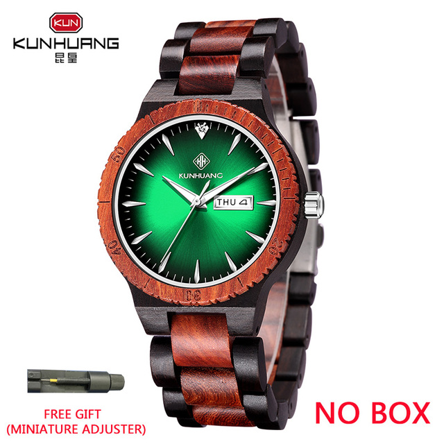 Kunhuang Men's Watch Colorful Dial Wooden Watch Week Clock Date Display Quartz Wood Wristwatch for Men Women reloj mujer