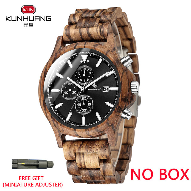 Kunhuang Handmade Wooden Watches Mens Watches Chronograph Watch Military Quartz Wristwatch Male In Wooden Gift Box Relogio