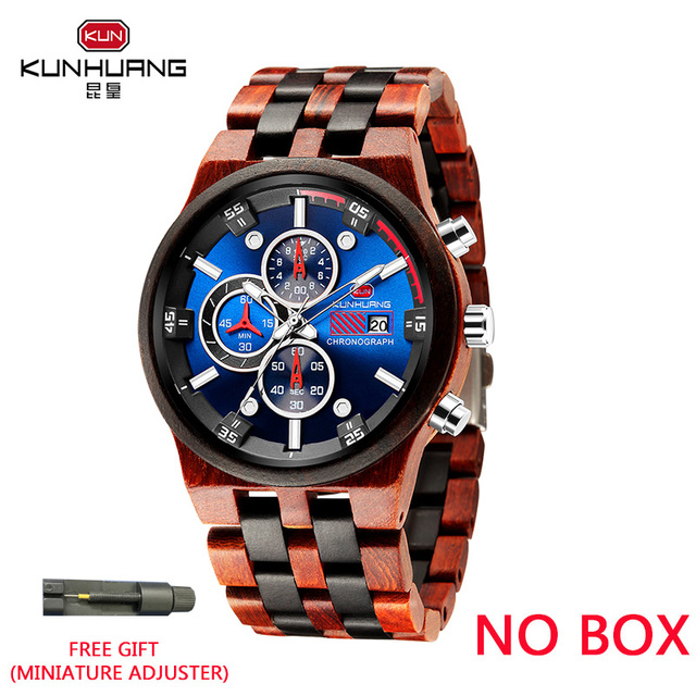 Kunhuang Wooden Mens Watch Luxury Elegant Wood Watches Chronograph Zebra Wood Quartz Watches in Wooden Gift Box reloj de hombre