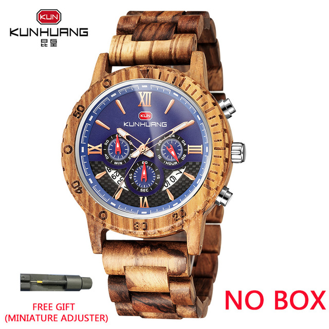 Kunhuang Luxury Brand Men's Watch Wooden Multifunctional Raw Quartz Watch High Strength Ebony Glass Case relógio masculino