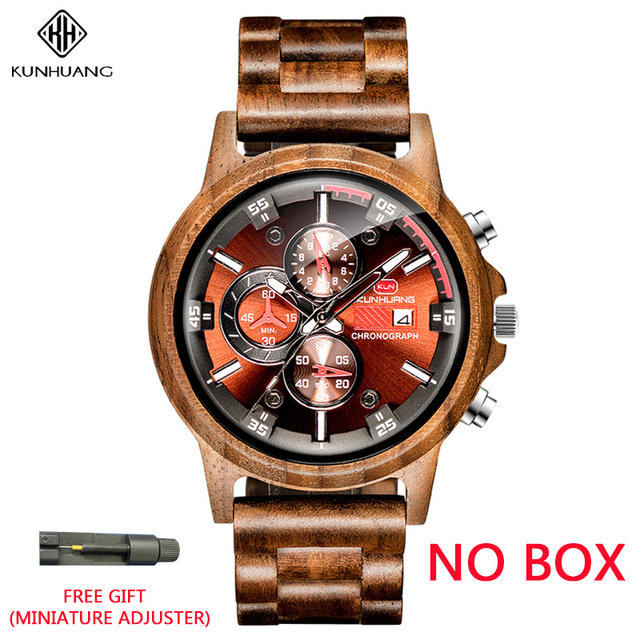 Kunhuang Luxury Natural Zebra Wood Watch Fashion Multifunction Quartz Men's Watch Chronograph Mineral Glass reloj de hombre