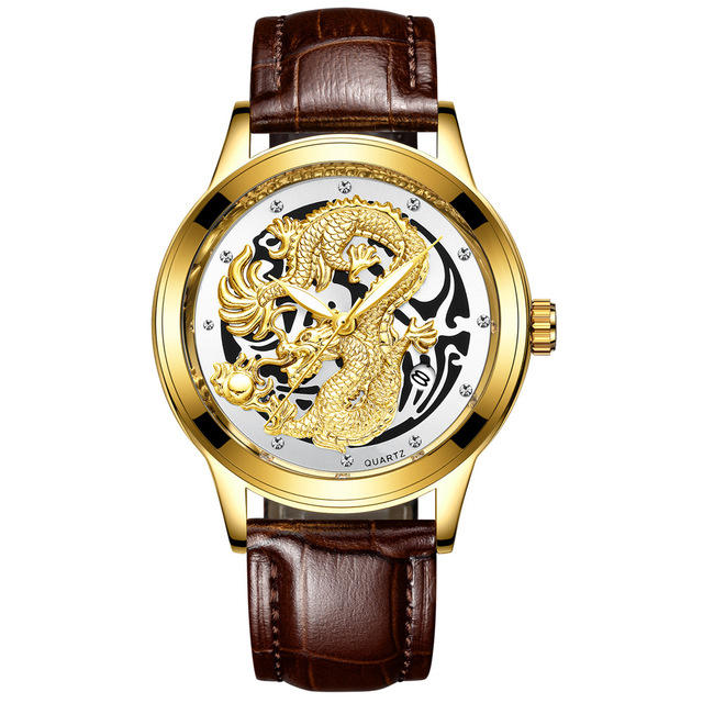 FNGEEN Mens Watches Luxury Brand Chinese Golden Dragon Quartz Watch Diamond Dial Stainless Steel Watch Male Relogio Masculin