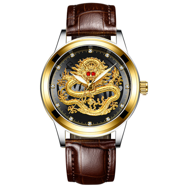 FNGEEN Mens Watches Luxury Brand Chinese Golden Dragon Quartz Watch Diamond Dial Stainless Steel Watch Male Relogio Masculin