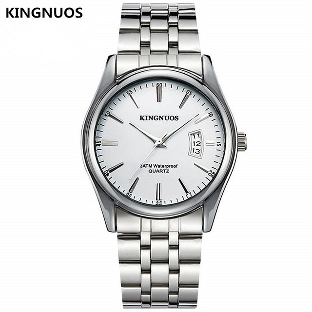 KINGNUOS - Men's Stainless Steel Watch, Water Resistant Sport Band, Quartz, with Calendar