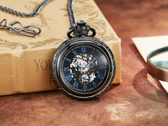 Hand Wind Mechanical Luxury Steampunk Pocket Watch Hollow Men Watches Roman Numeral Clock With Fob Chain With Box Reloj Hombre