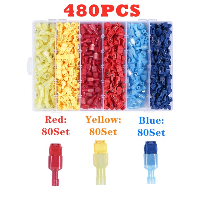 120/480pcs T-Tap Wire Connectors, Self Stripping Quick Splice Electrical Wire Terminals, Male Quick Cut Spade