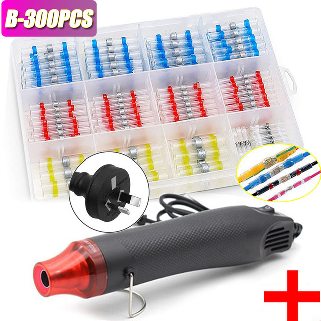 300pcs Electric Heat Shrink Butt Terminals Crimp Terminals Seal Welding Kit Waterproof Wire Twisting Cabling Connector With 300W Hot Air Gun