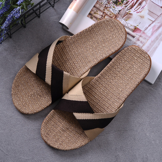 New Summer Linen Home Slippers Women 35-45 Plus Size Beach Flip Flops Non-slip Unisex Family Female Male Linen Slippers