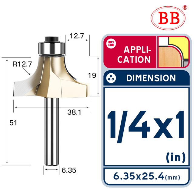 BB Corner Rounding Router Bit Concave Milling Cutter with Parallel Shank 1/2 1/4 Inch Woodworking Tool Round Edge Trimmer