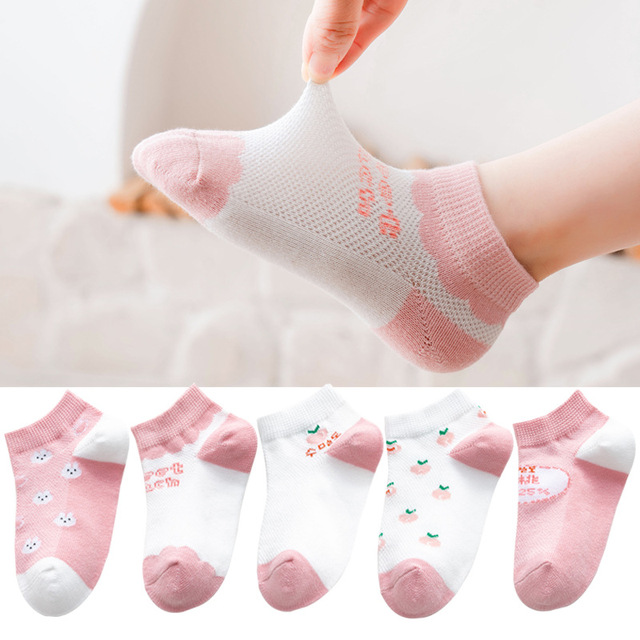 5 Pairs Girls Cotton Socks Summer Thin Mesh Breathable Cute Cartoon Children Socks Toddler Baby Girls Socks Pink 1-12 Years