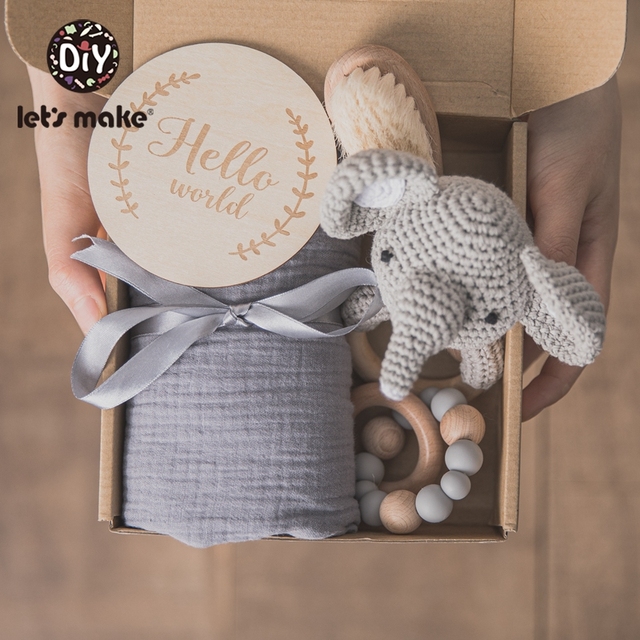 Let's Make Baby Bath Toy Set Double Sided Cotton Blanket Wooden Rattle Bracelet Crochet Toys Baby Birth Gift Products For Kids