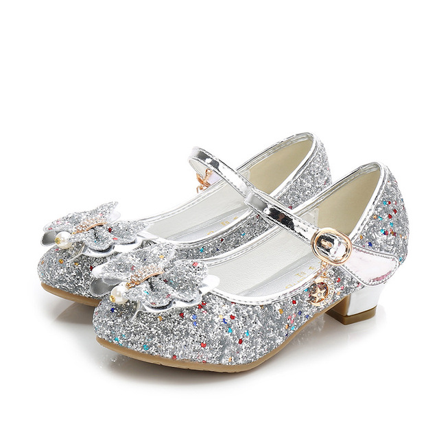 ULKNN-Girls Princess Leather Shoes Casual Floral Sequin High Heel Butterfly Bowknot Shoes Blue Pink Silver