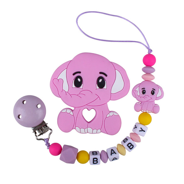 Customized Name Newborn Infant Baby Pacifier Clips Chain Elephant Silicone Beads Toy Teether Toy Doll Baby Holder Pacifier Chain