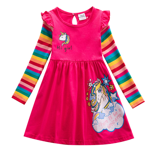 Girl Long Dresses New Autumn Spring Cartoon Girl Dress Casual Cotton Embroidered Girls Long Sleeve Unicorn Dress 81035