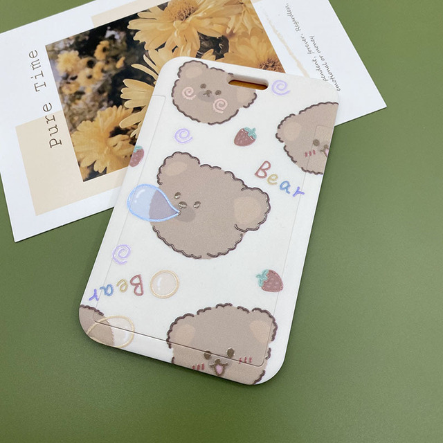 New Cute Cartoon Flocking Bear ID Credit Bank Card Holder Student Keychain Bus Card Case ID Badge Cover Women Men Pendants