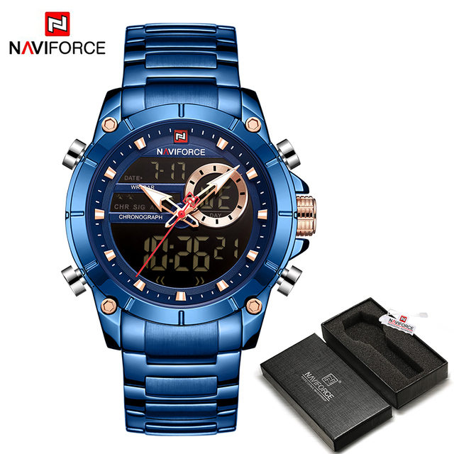 NAVIFORCE Men Military Sports Wrist Watch Gold Quartz Steel Waterproof Dual Display Male Clock Watches Relogio Masculino 9163