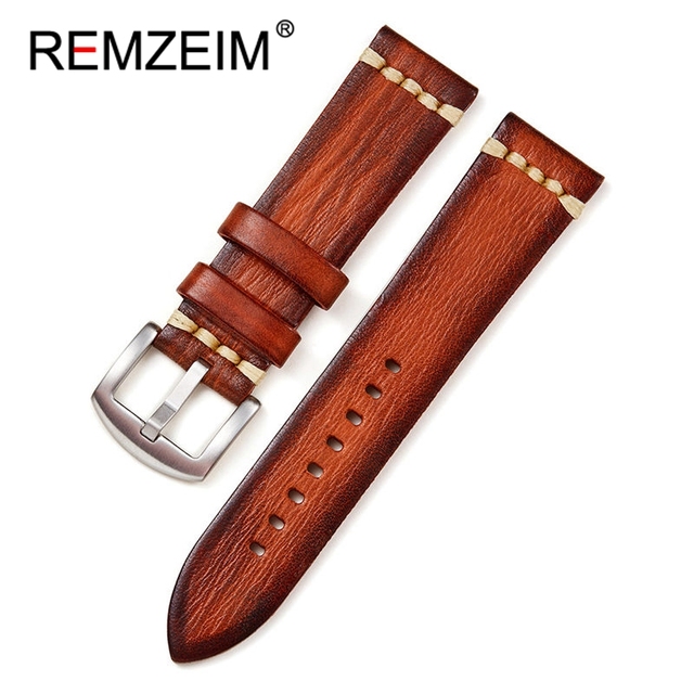 REMZEIM Retro Handmade Genuine Leather Strap Vegetable Tanned Leather Watchband 18 20 22 24mm High Quality Business Watch Band