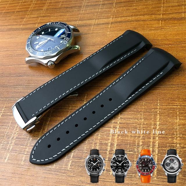 19mm 20mm 21mm 22mm Rubber Silicone Curved End Watchband Folding Buckle Watchband For Omega Seamaster 300 AT150 Watch Speedmater