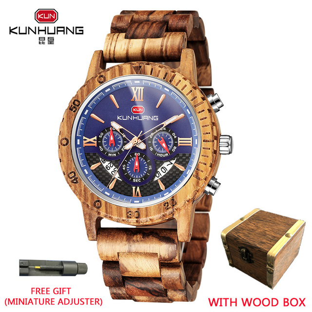 kunhuang wooden watch men erkek kol saati luxury stylish wood watches chronograph military quartz watches in wooden gift box