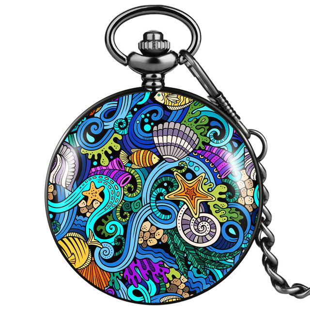 Accept custom casual men women quartz pocket watch with chain thick color graffiti style fashion unisex watches birthday gift