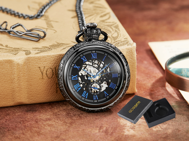 Hand Wind Mechanical Luxury Steampunk Pocket Watch Hollow Men Watches Roman Numeral Clock With Fob Chain With Box Reloj Hombre