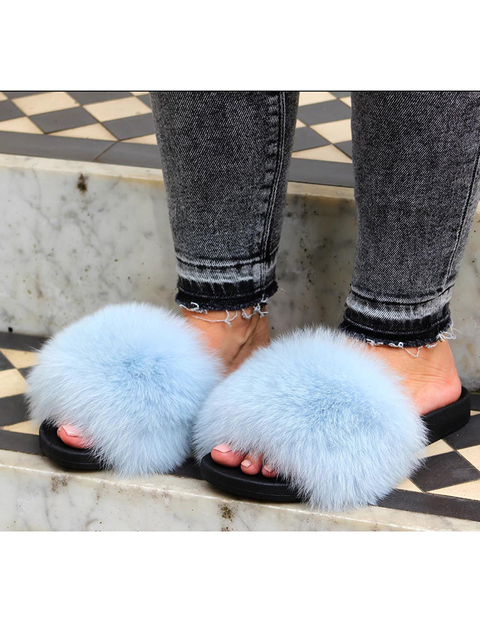 Women Fox Shoes Fur Slippers Real Fox Fur Slides Home Furry Flat Sandals Female Cute Wholesale House Shoes Woman Luxury Brand Ho