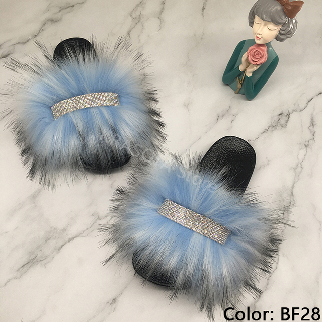 Home Slippers Women Thin Slippers Luxury Summer Faux Fur Slippers Furry Slides Shoes For Women With Rhinestones Slipper 2022