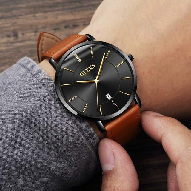 OLEVS Ultra-thin Men Watches Top Brand Fashion Casual Luxury Genuine Leather Japan Quartz Waterproof Wristwatch for Male