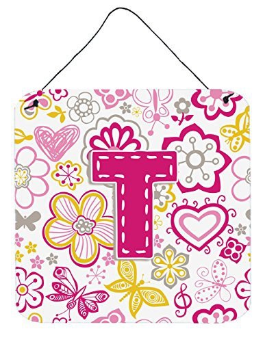 Caroline&#39;s Treasures Letter T Flowers And Butterflies Pink Wall Or Door Hanging Prints, 6 X 6