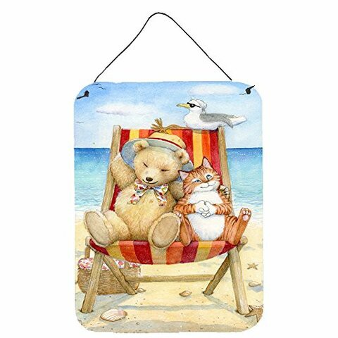 Caroline&#39;s Treasures Cdco0336Ds1216 Summer Teddy Bear And Cat On Beach Wall Or Door Hanging Prints, 12X16, Multicolor