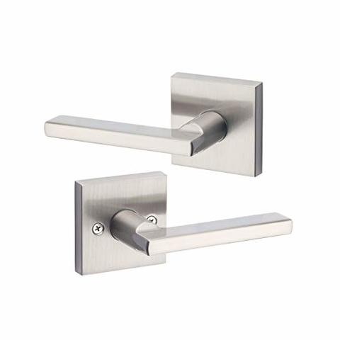 Kwikset Satin Nickel 91540-001 Halifax Door Handle Lever With Modern Contemporary Slim Square Design For Home Hallway Or Closet Passage