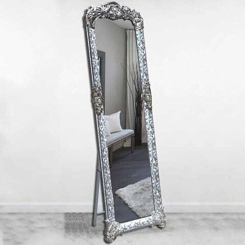 QHX Carved Standing Mirror, Decorative Dressing Floor Standing Mirror, Full Length Mirror (8132-Silver)