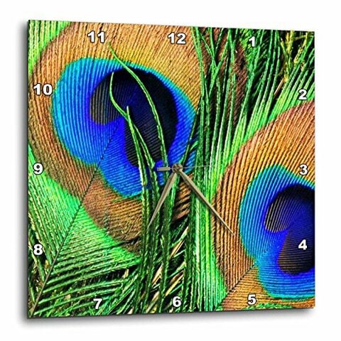 3Drose Dpp_66288_3 Blue, Green And Orange Colored Peacock Feathers-Wall Clock, 15 By 15-Inch