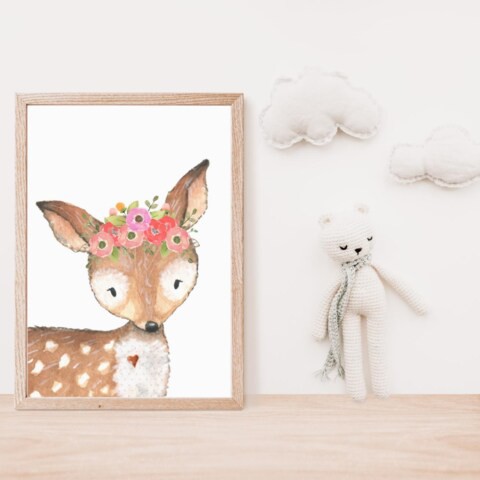 Sweet Pea Deer Watercolour Wall Art Print