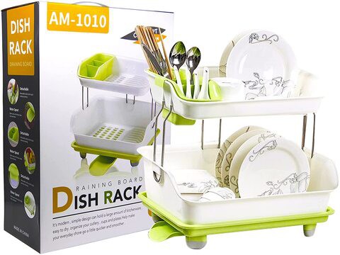 Dish Drying Rack 2 Tiers Holder Plastic Kitchen Tray Drainer Organizer Holder (Green)