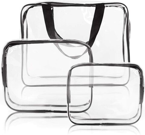 Doreen 3Pcs Clear Cosmetic Bag Vinyl Air Travel Toiletry Bags Bulk, Water Resistant PVC Packing Cubes with Zipper Closure &amp; Carry Handle for Women Baby Men, Make-up brush Case Beach Pool Spa Gym Bag（G