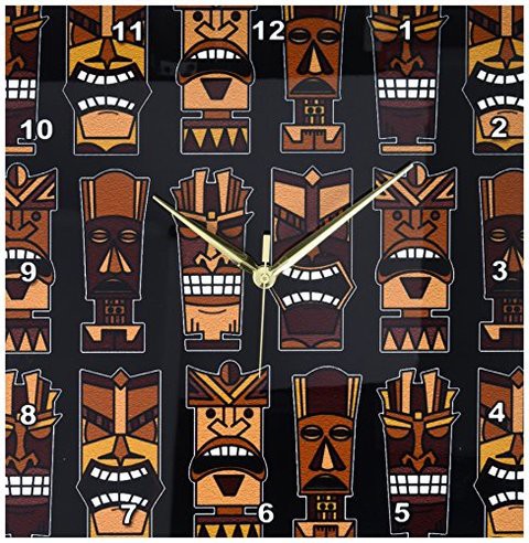 3Drose Dpp_77485_2 Cute Tiki Mask Print Large-Brown On Black-Wall Clock, 13 By 13-Inch