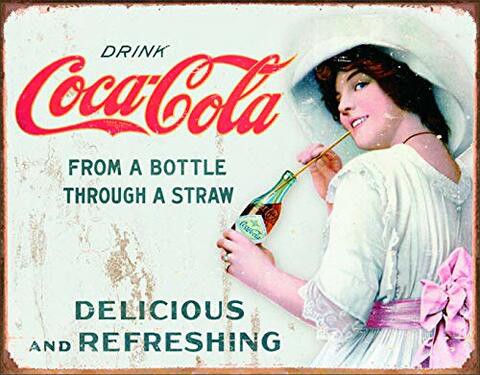 Desperate Enterprises Drink Coca-Cola From A Bottle Through A Straw Tin Sign, 16&quot; W X 12.5&quot; H