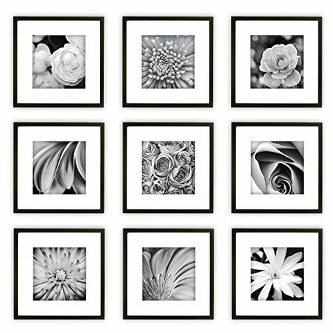 Gallery Perfect Square Photo Kit With Decorative Art Prints &amp; Hanging Template Gallery Wall Frame Set, 9 Piece, Black, 9 Count