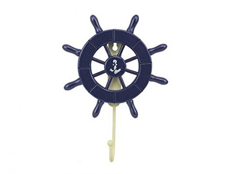 Handcrafted Nautical Decor Dark Blue Decorative Ship Wheel With Anchor With Hook 6&quot; - Wooden Ships Wheel -