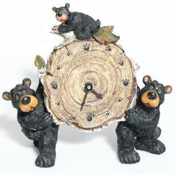 Wilcor Willie Black Bear With Cub Holding A Birch Log Clock 8&quot;