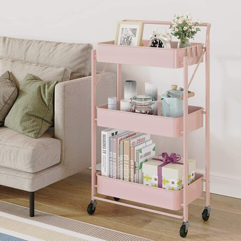 Goldedge 3-Tier Rolling Utility Storage Cart Pink Steel Frame