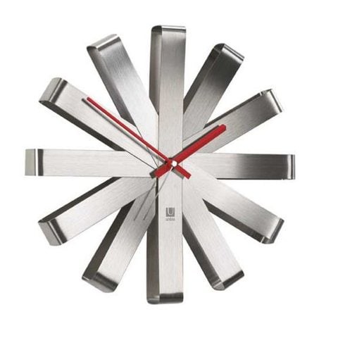 Umbra, Stainless Steel Ribbon Modern 12-Inch, Battery Operated Quartz Movement, Silent Non Ticking Wall Clock