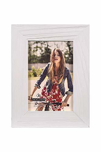 Malden International Designs Rustic Fashion Wide Linear White Wash Wooden Picture Frame, 4X6, White