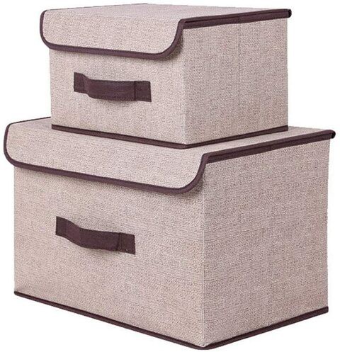 Storage Boxes Container Bins with Lids Covers, Fabric Foldable Storage Cubes with Handle, Storage Bin Box Organizer for Home, Office, Nursery, Closet, Bedroom, Living Room-2 Pack (Beige)