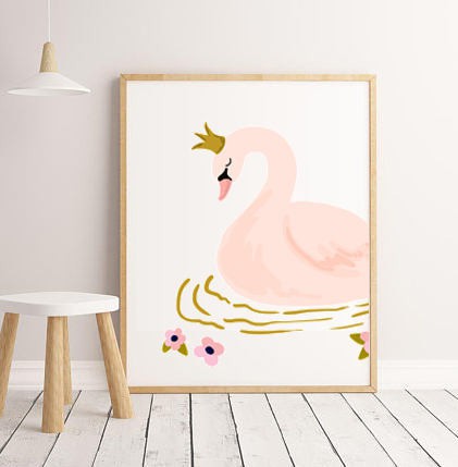 Sweet Pea Pink Floral Swan Wall Art Print