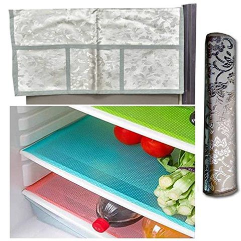 Kuber Industries Cloth 3 Pieces Fridge Mat, 1 Piece Handle Cover and 1 Pieces Fridge Top Cover (Multi)-CTKTC2744