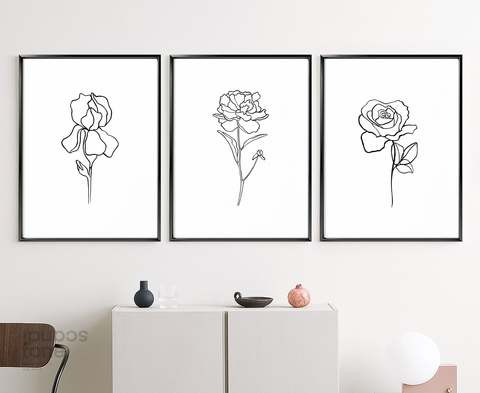 Boomah Accessories Set Of 3 Line Art, Rose Iris Peony Flowers With Frame 30x40cm