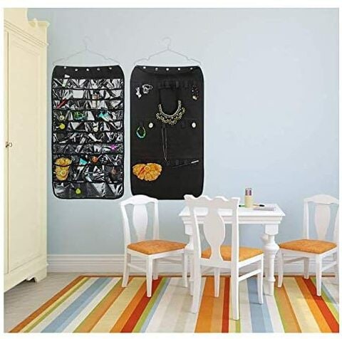 Generic Hanging Jewelry Organizer Double Sided 40 Pockets &amp; 20 Magic Tape Hook Storage Bag Closet Storage For Earrings Necklace Bracelet Ring Display Pouch